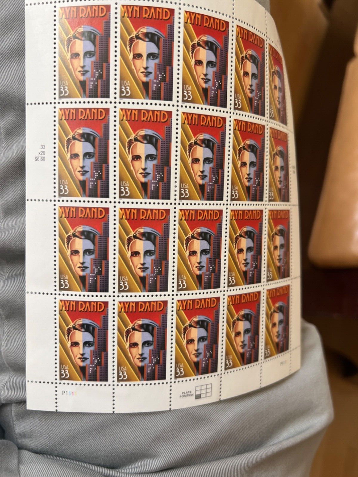 See photos. US SCOTT 3308 PANE OF 20 AYN RAND STAMPS 33 CENT FACE MNH
