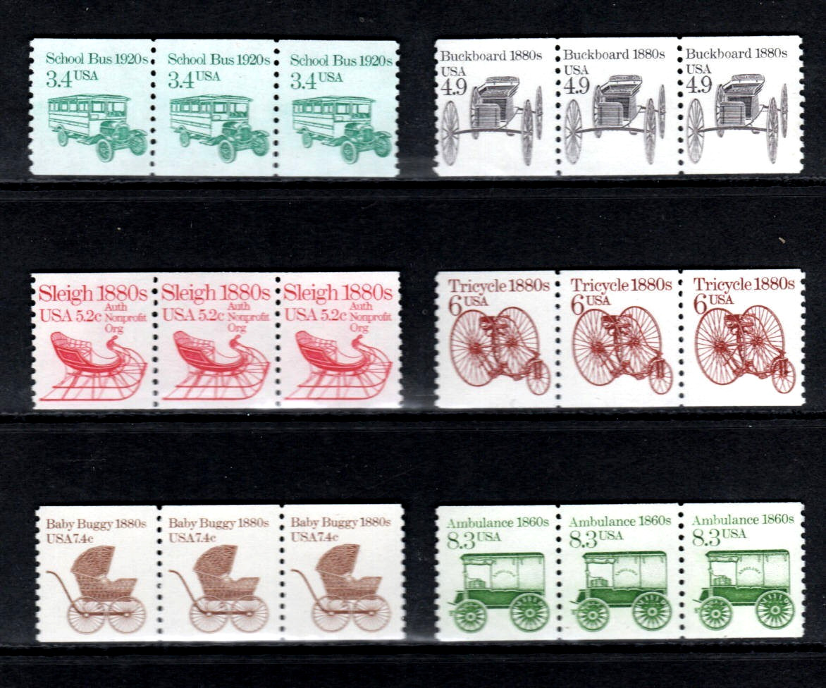 US Stamp – Mixed Lot of 13 Transportation Series Coil Strips of Three Stamps MNH
