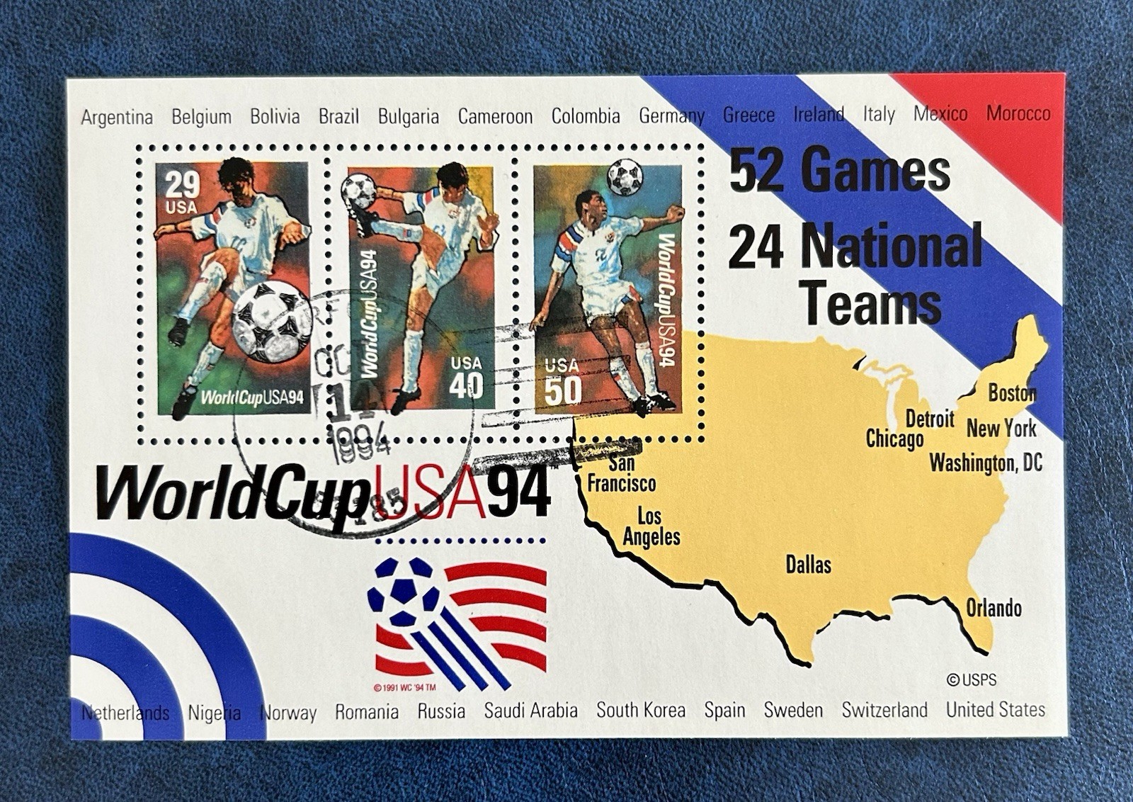 FIFA World Cup – USA 1994 SOCCER Souvenir Sheet SC#2837 Cancelled NH