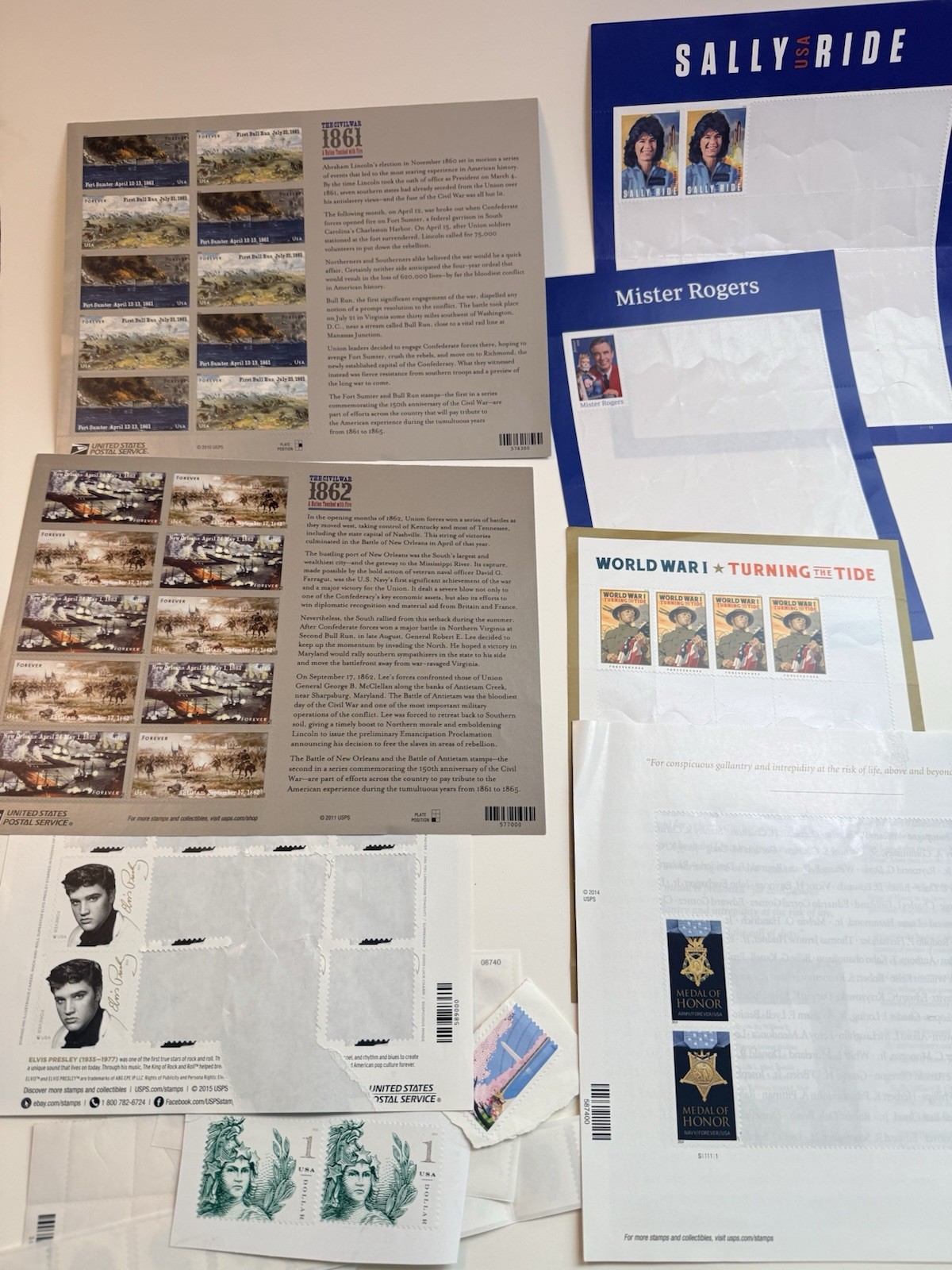 Mixed Lot 68, 2011-2019 US Stamps Civil War Fruit Sally Ride Elvis WW1 Mr.Rogers