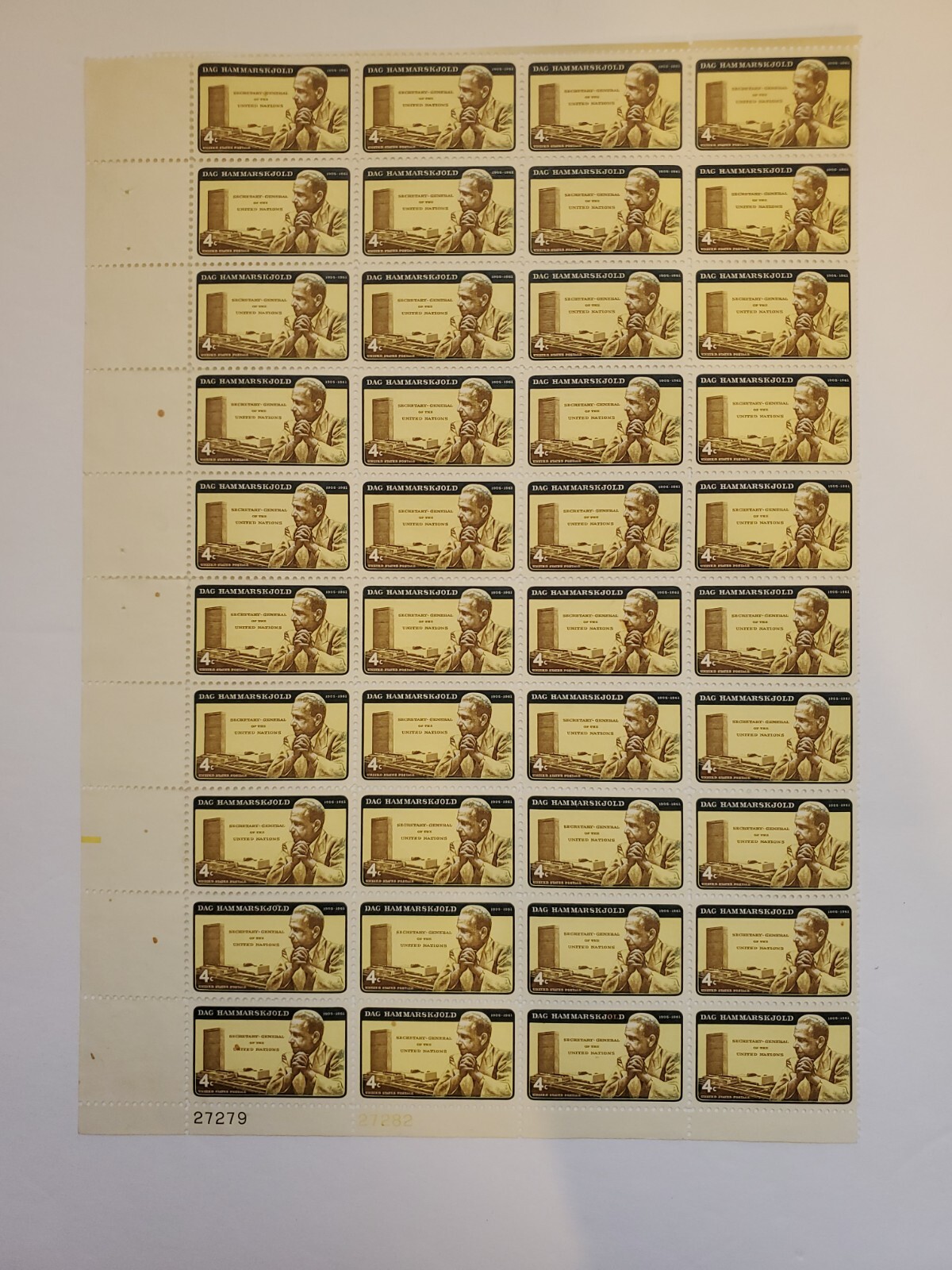 Dag Hammarskjold 4c Stamp 1961 US Postage 27279 Sheet of 40 Stamps