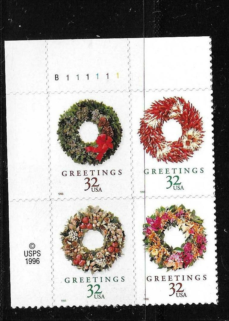 USA SC # 3252b Christmas wreaths / BLK4 Plate Number – Christmas 1998 – . MNH