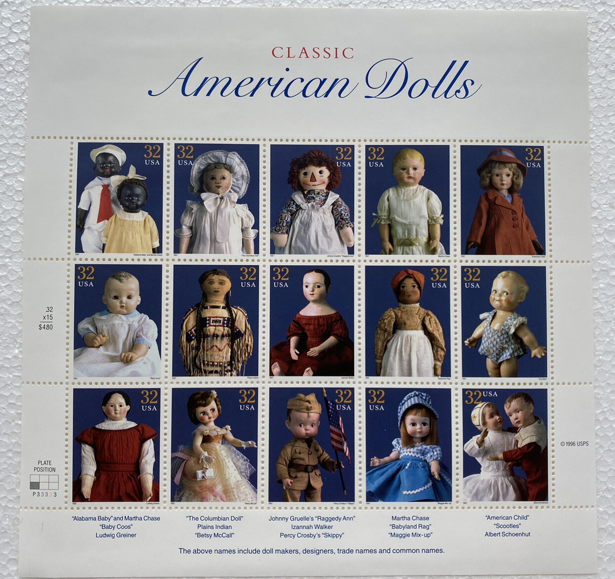 1996 USPS Classic American Dolls Sheet of 15 x .32c Stamps MNH Free Shipping