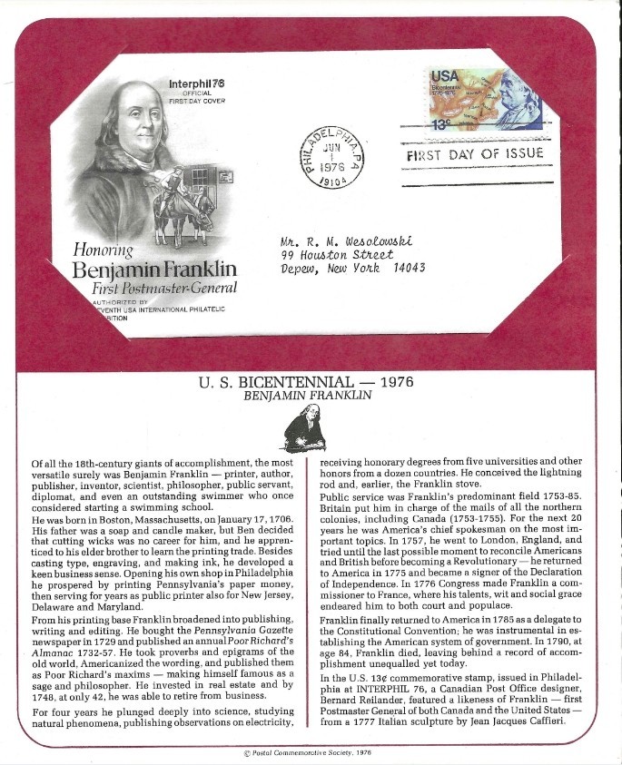 First Day Stamp Issue Benjamin Franklin Scott 1690 Postal Commemorative Society