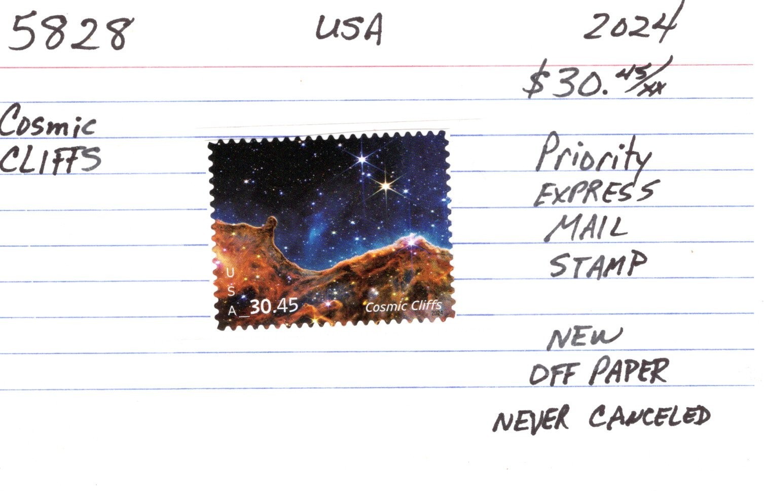 USA Stamps: 2024 , $30.45 Express Mail, Cosmic Cliffs, SC 5828, New, Off Paper