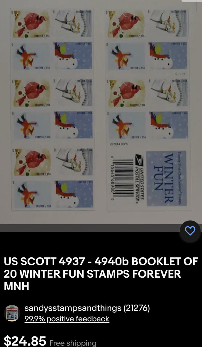 US SCOTT 4937 – 4940b BOOKLET OF 20 WINTER FUN STAMPS FOREVER MNH