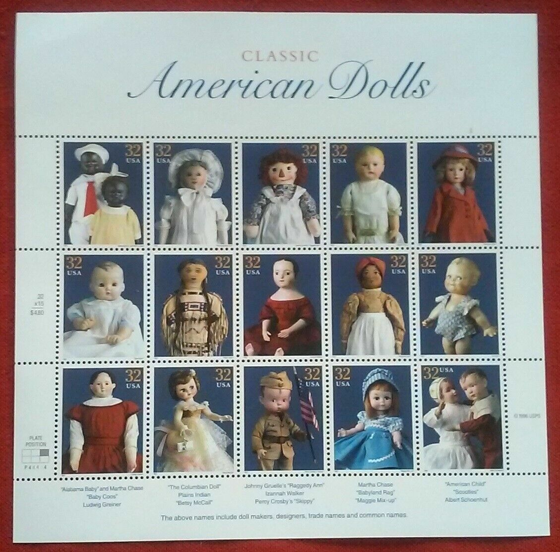 1 Souvenir Sheets x 15) CLASSIC AMERICAN DOLLS 32¢ Postage Stamps # 3151