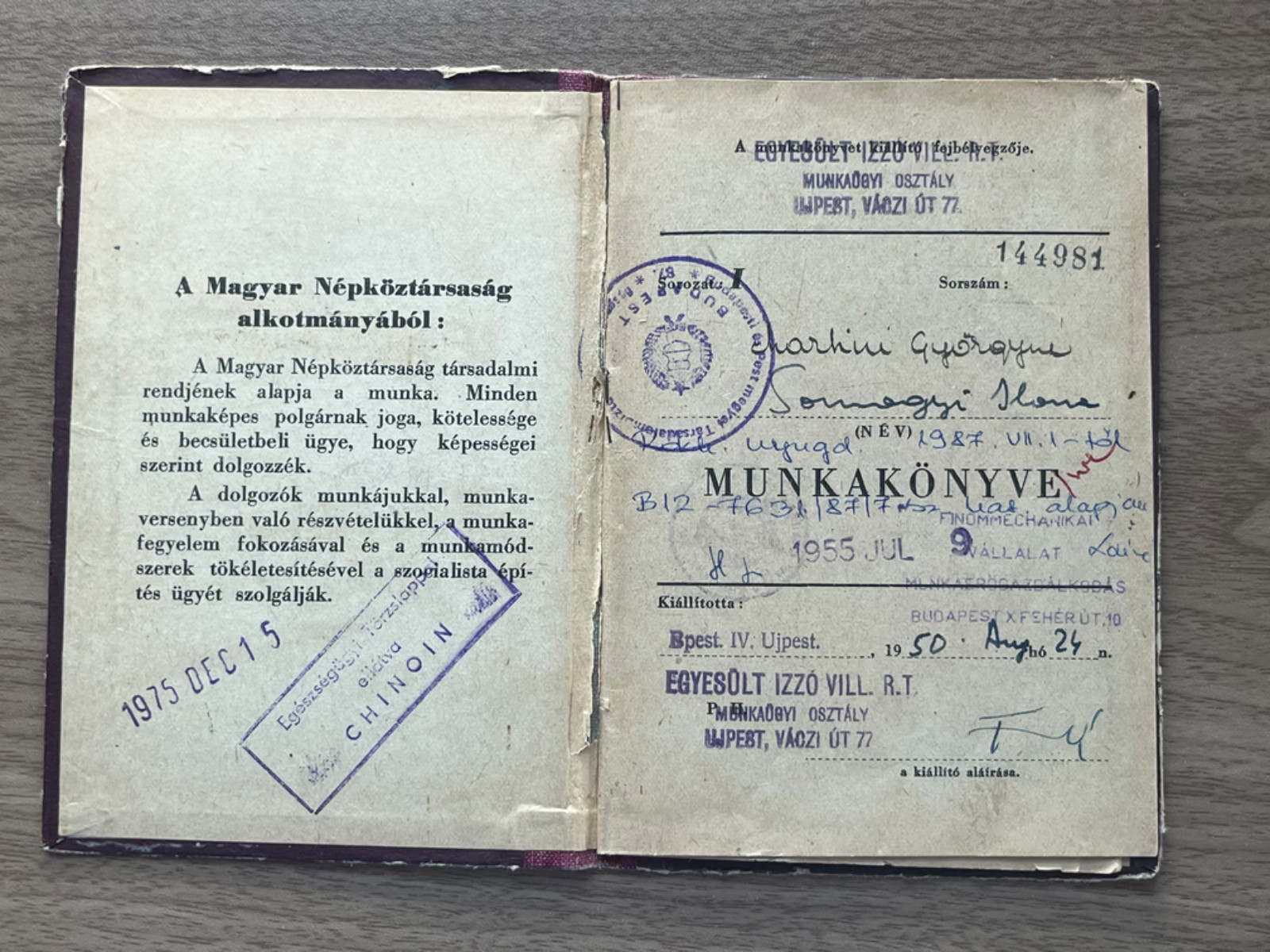 Vintage Hungary Munkakonyv Labor Worker Book 1950 Budapest