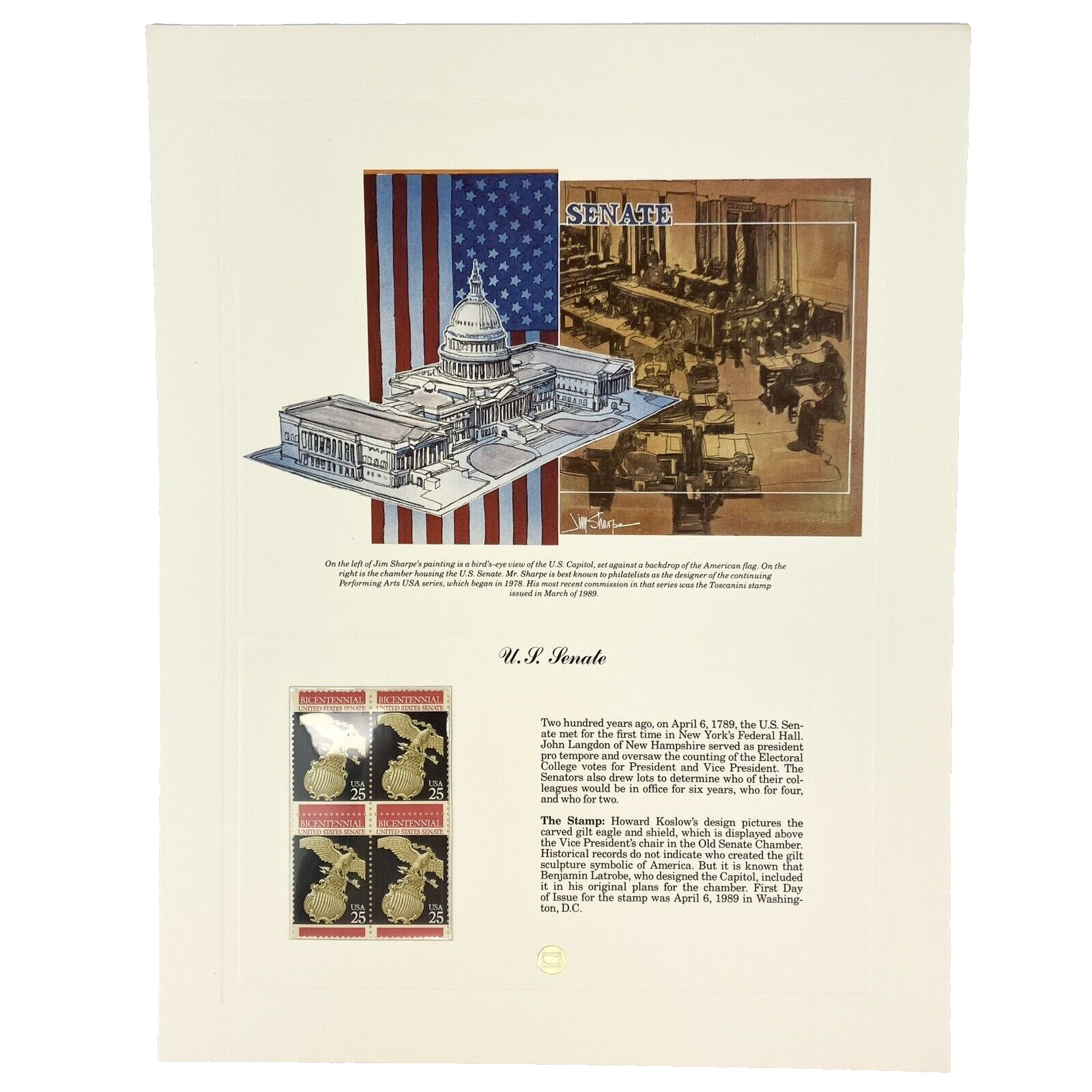 Jim Sharp U.S. Senate Postage Stamp Art USPS Farmable Gift 1989