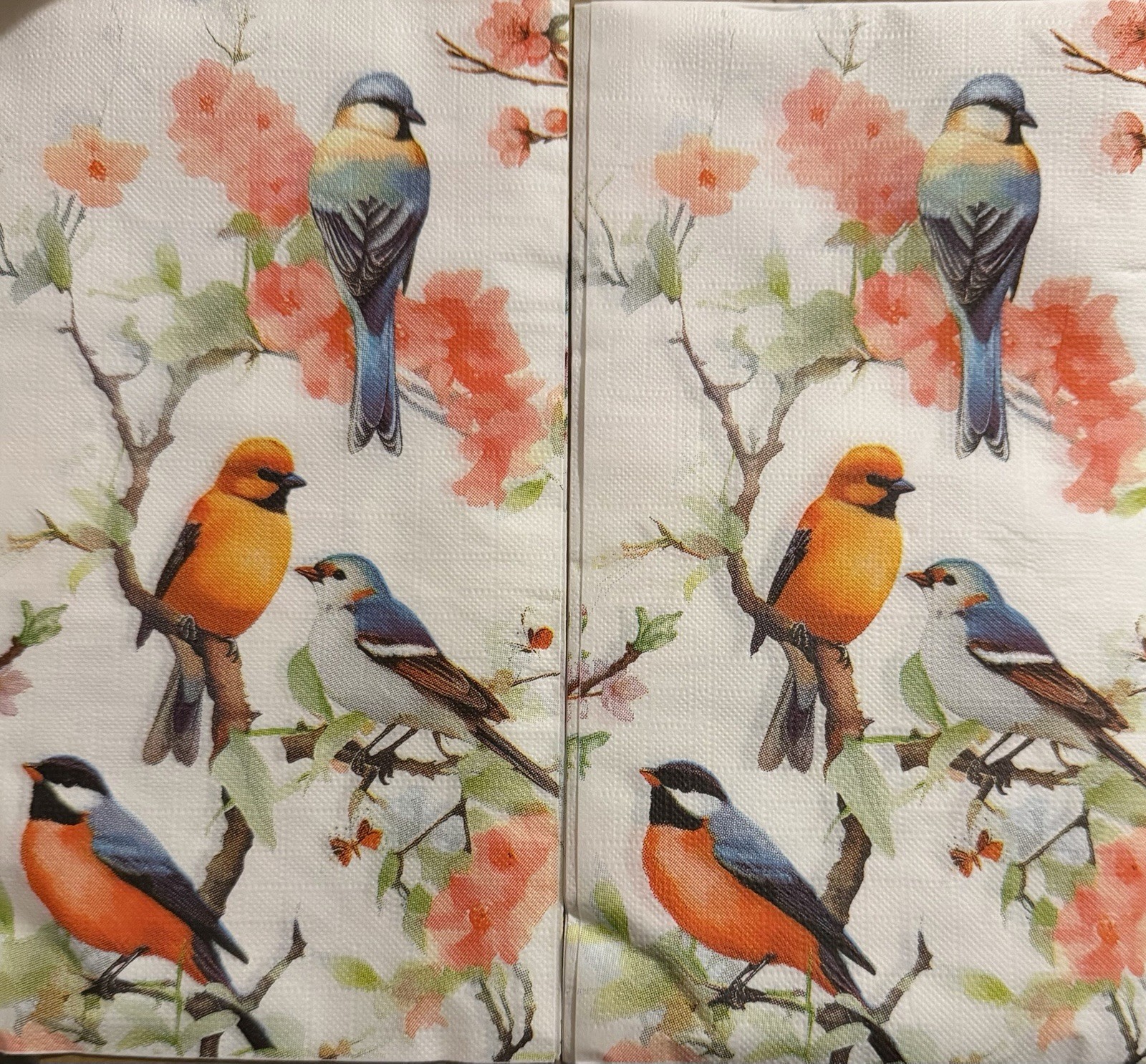 Two Individual dinner Decoupage Napkins Spring Floral Bullfinches Birds In Tree
