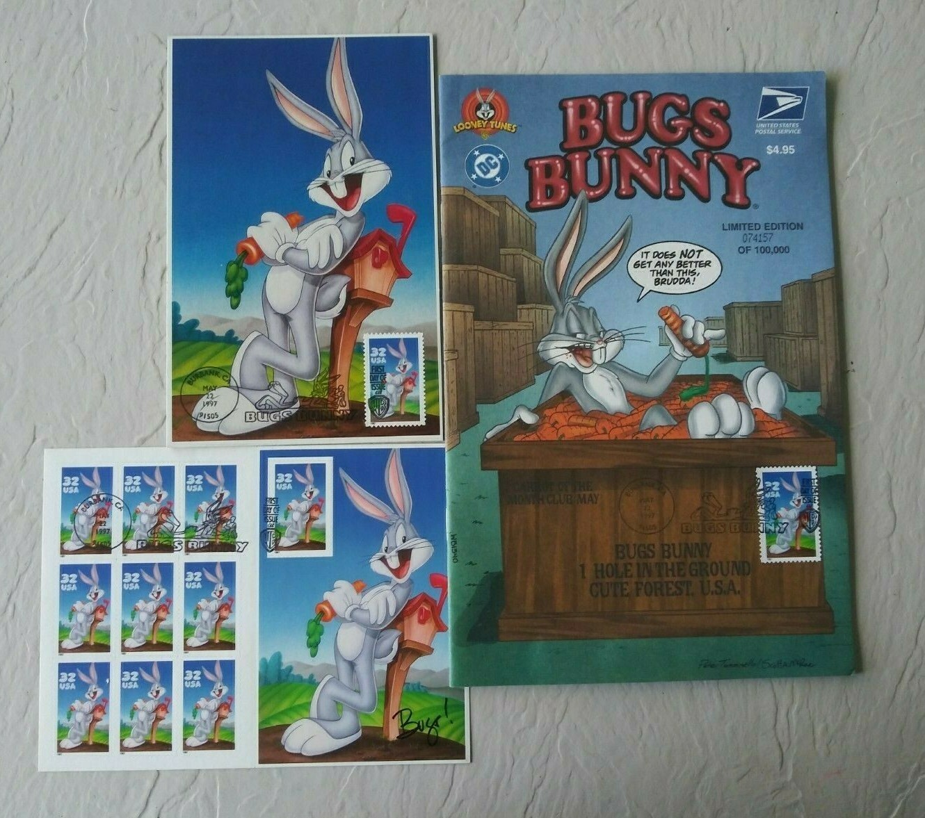 LOONEY TUNES Collection, Post cards, Stamps & Stamped Comic book.