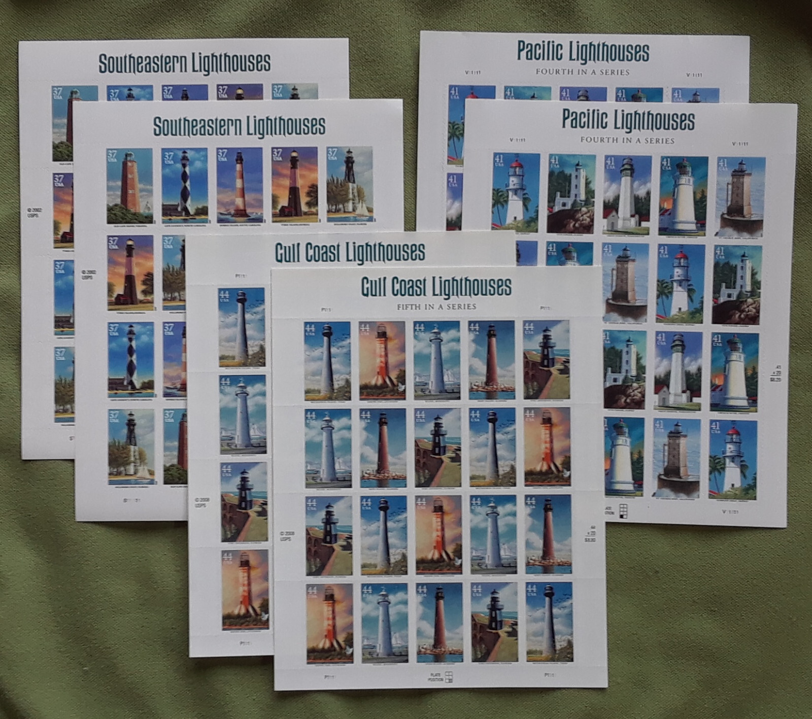 Combo: 2 each of SOUTHEASTERN 37¢, PACIFIC 41¢, GULL COAST 44¢ Lighthouses Stamp