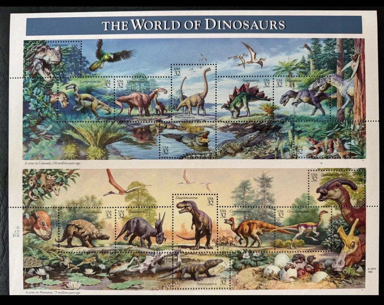 8x Sheets x 15 = 120 Of THE WORLD OF DINOSAURS 32¢ US Postage Stamps USA #3136