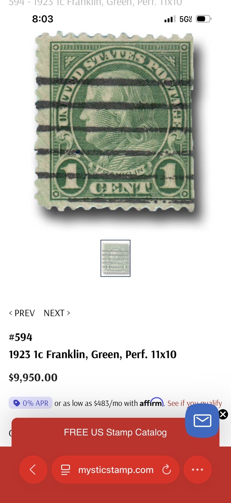 Benjamin Franklin 1 Cent, Low Perf Stamp Good Condition, Deep Green