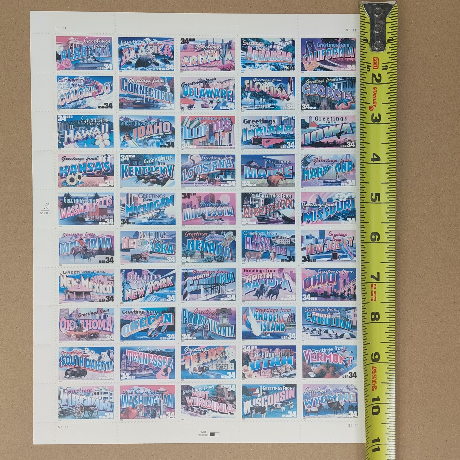 United States 34¢ 50 States Greeting Card Postage Stamps – Full Sheet 3561-3610
