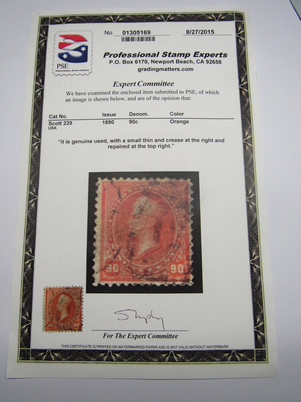 PSE Certified Stamp! 1890 U.S POSTAGE NINETY Cents (90¢) Stamps STP-29-IB