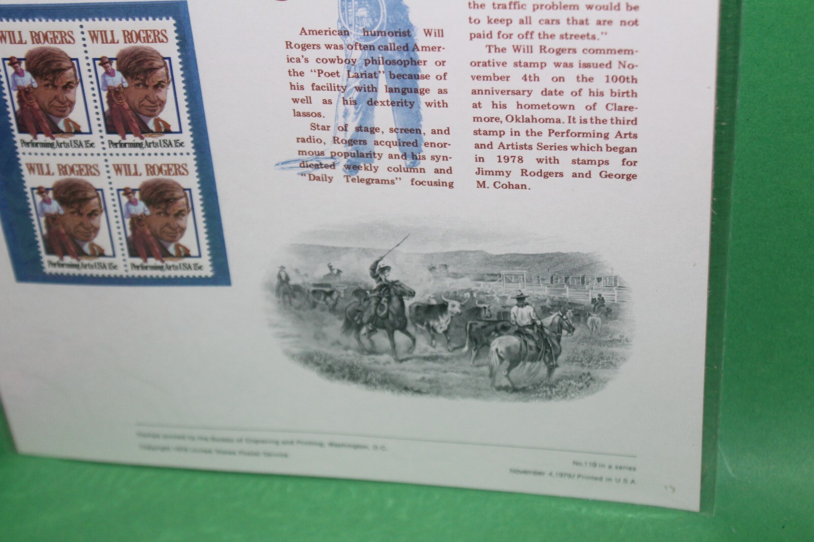 American Commemoratives Will Rogers USPS Stamps Panel Sheet 119 Nov 4 1979