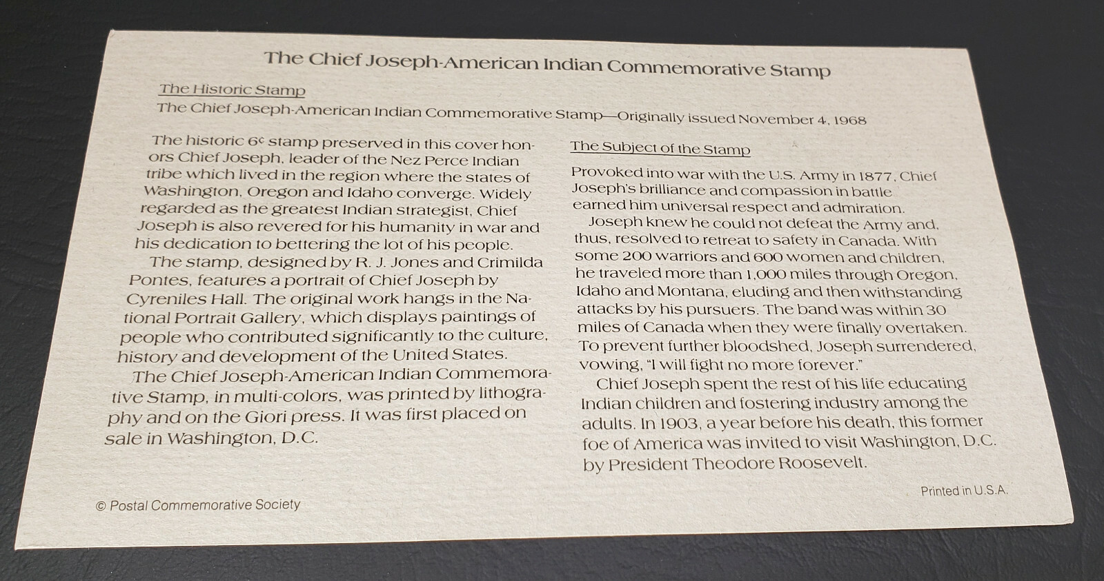 chief joseph american indian 6c stamp issued 1968 mint unused