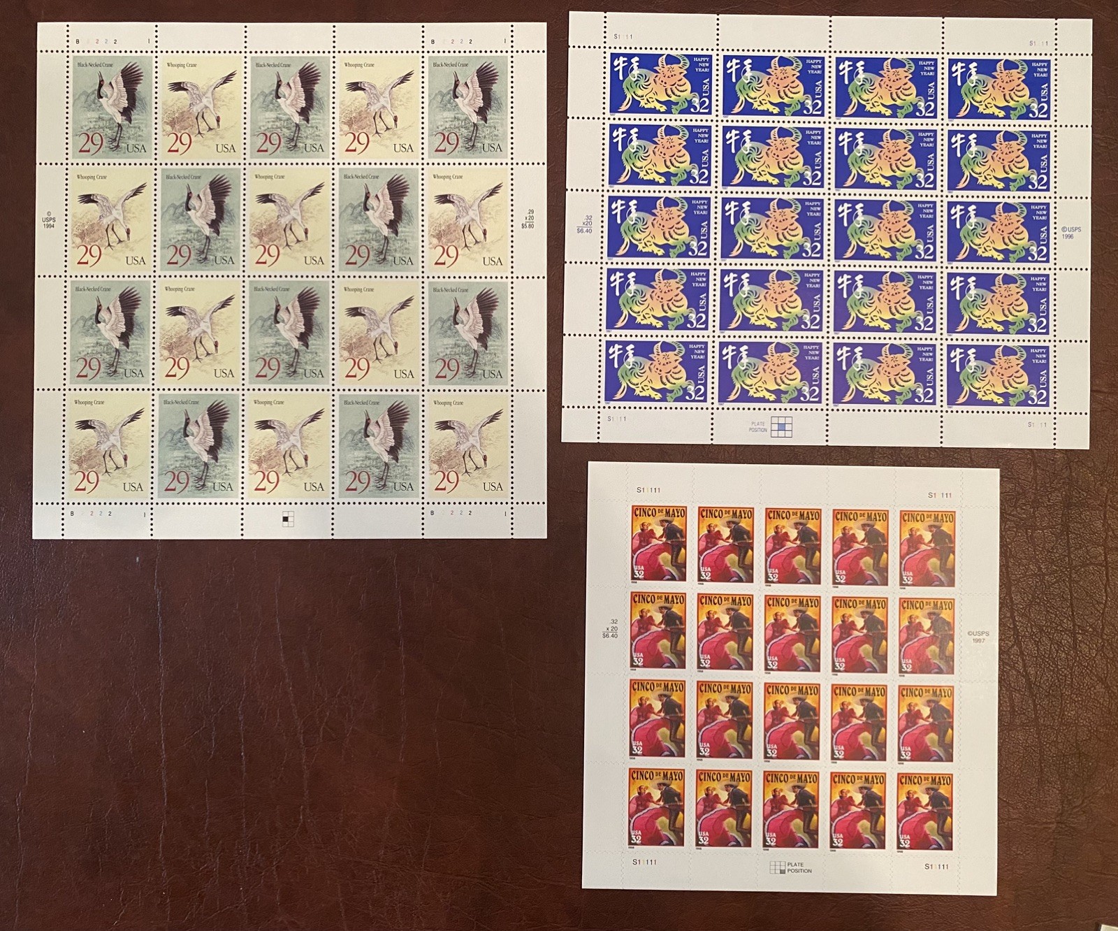 US Postage Stamp Lot of 3 Sheets- Crane, Lunar Chinese New Year, Cinco de Mayo