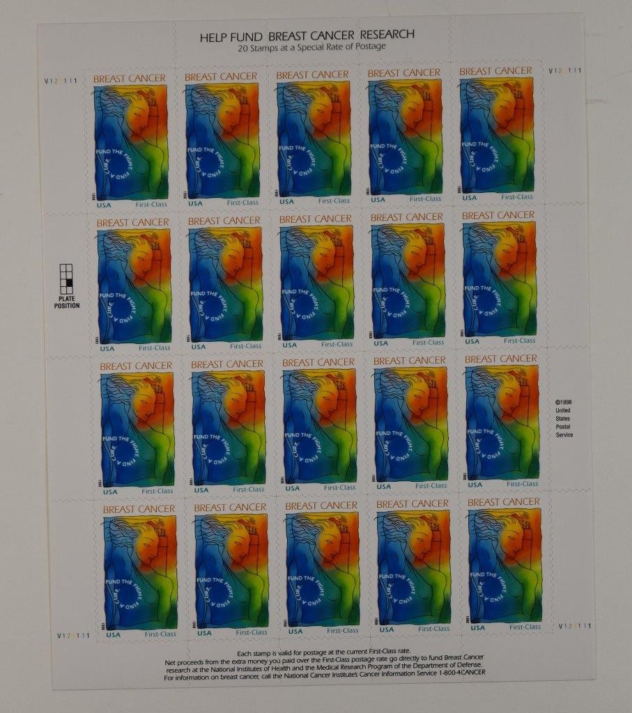US SCOTT B1 SHEET OF 20 BREAST CANCER RESEARCH STAMPS MNH