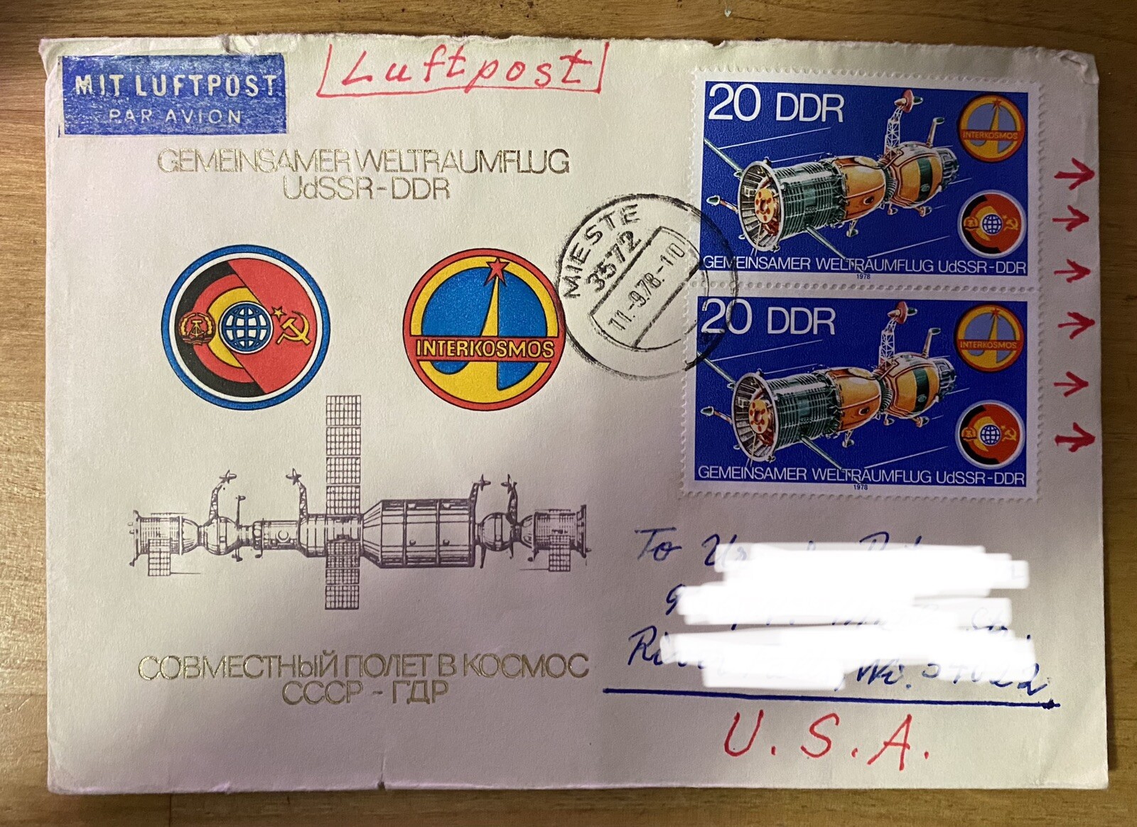 Cancelled stamps/envelope from East Germany (1978): Joint space flight USSR-DDR