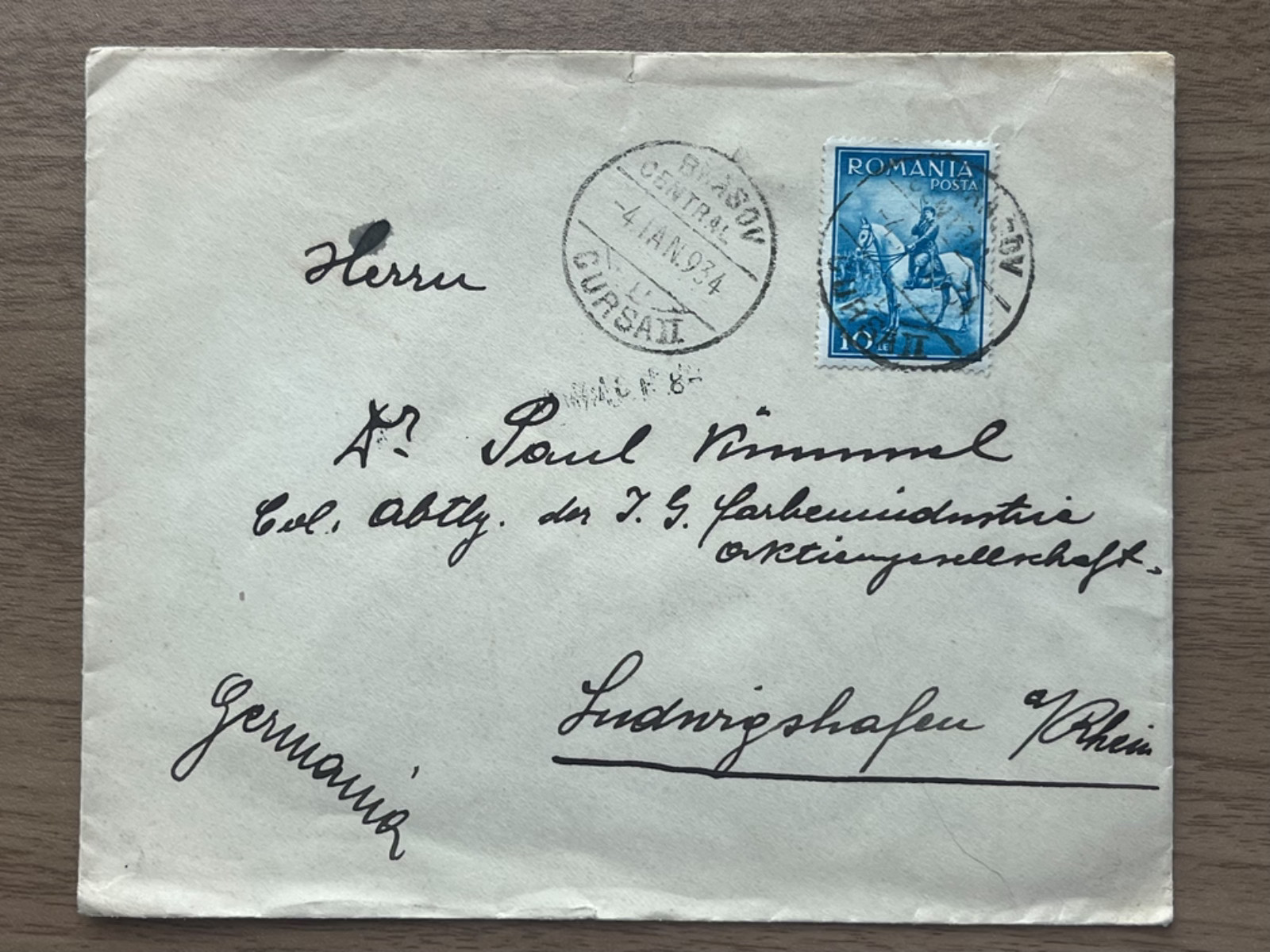 Cover Romania 1934 Postal Cover Brasov Central to Germany Blue Stamp Soldier