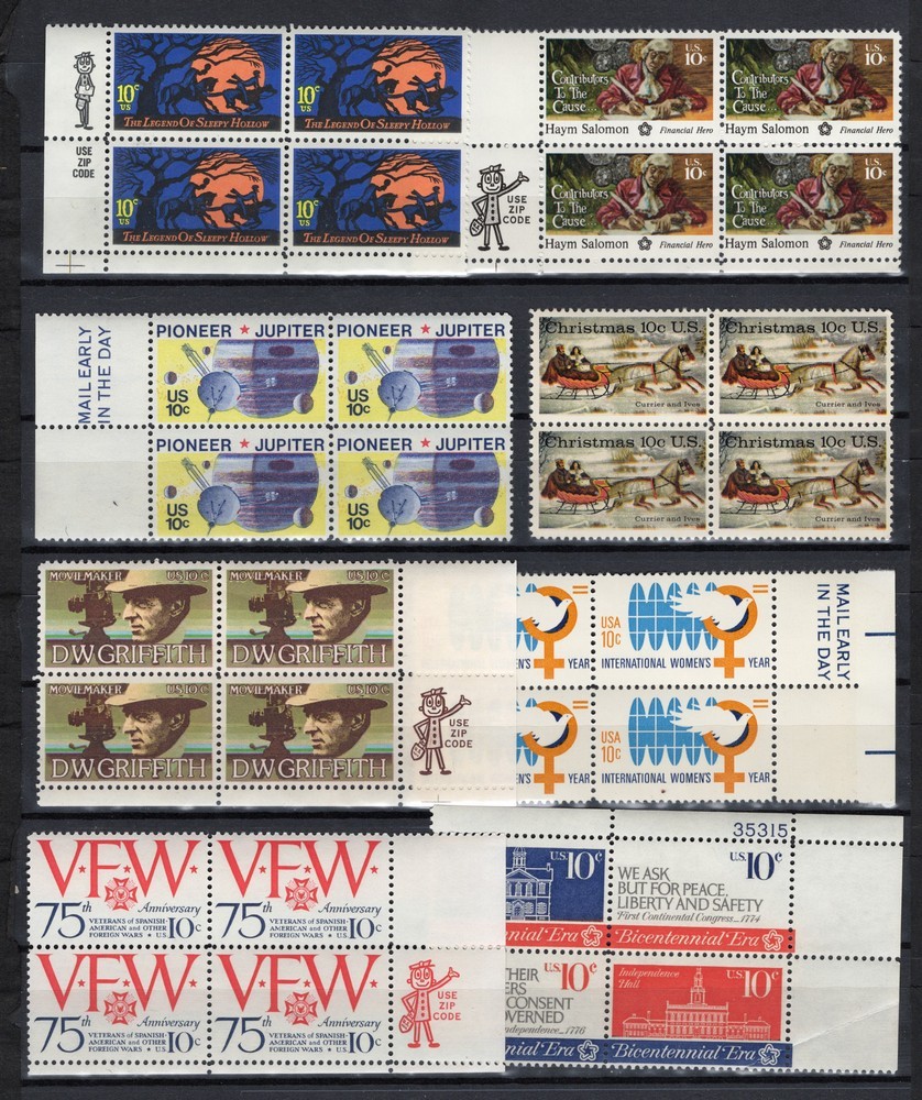 USA, 13 different 10 cent blocks of four, all mint never hinged, half of face