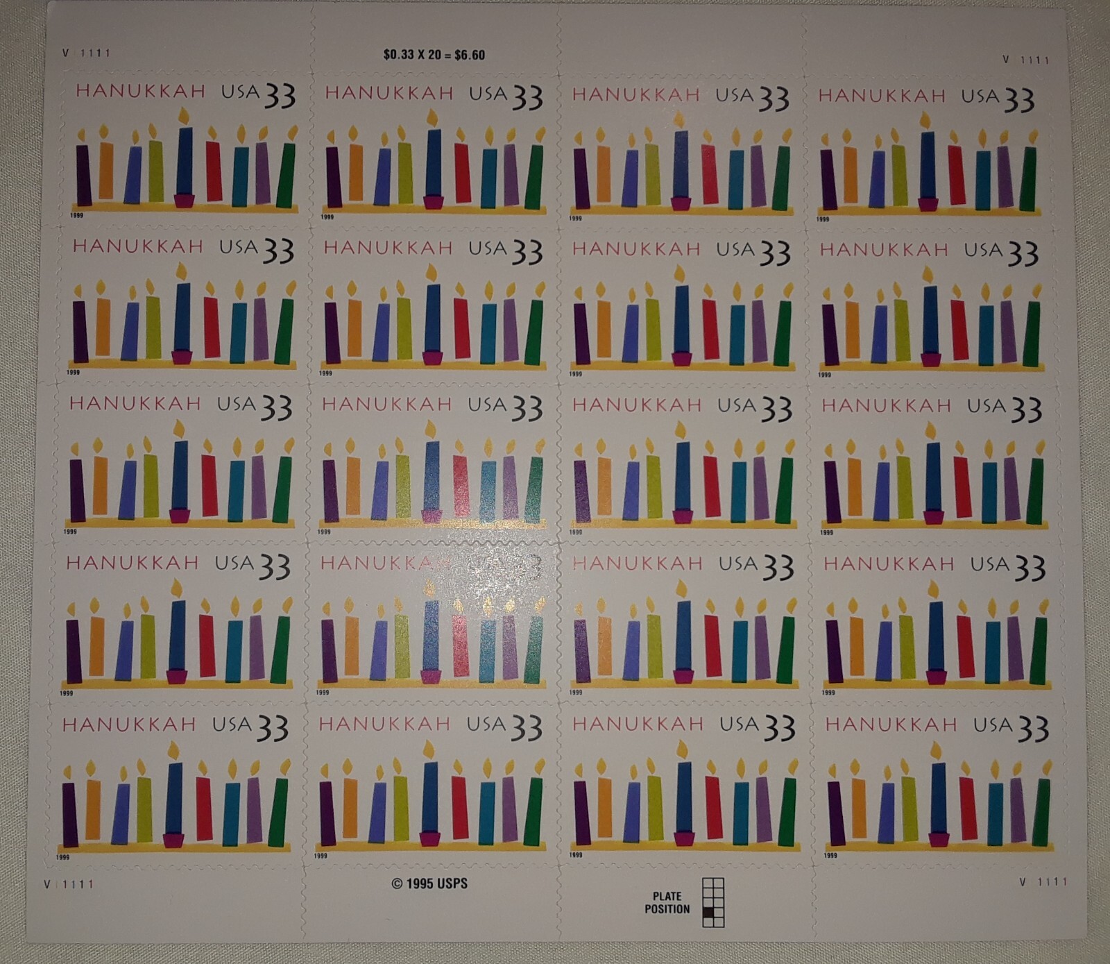 Three Panes x 20 = 60 of HANUKKAH 33¢ Jewish candles US Postage Stamps. USA 3352