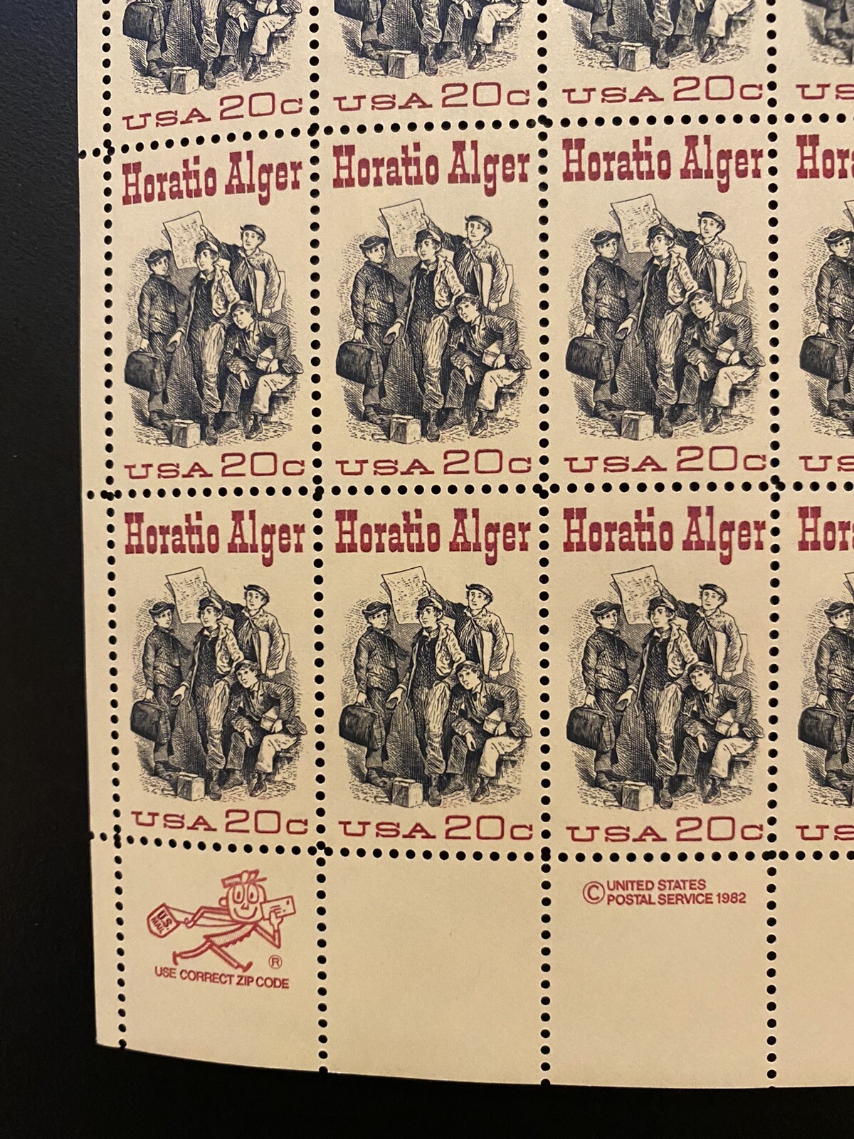 1982 USPS #2010 Horatio Alger Partial Sheet 25 Stamps X 20c. MNH. Free Shipping