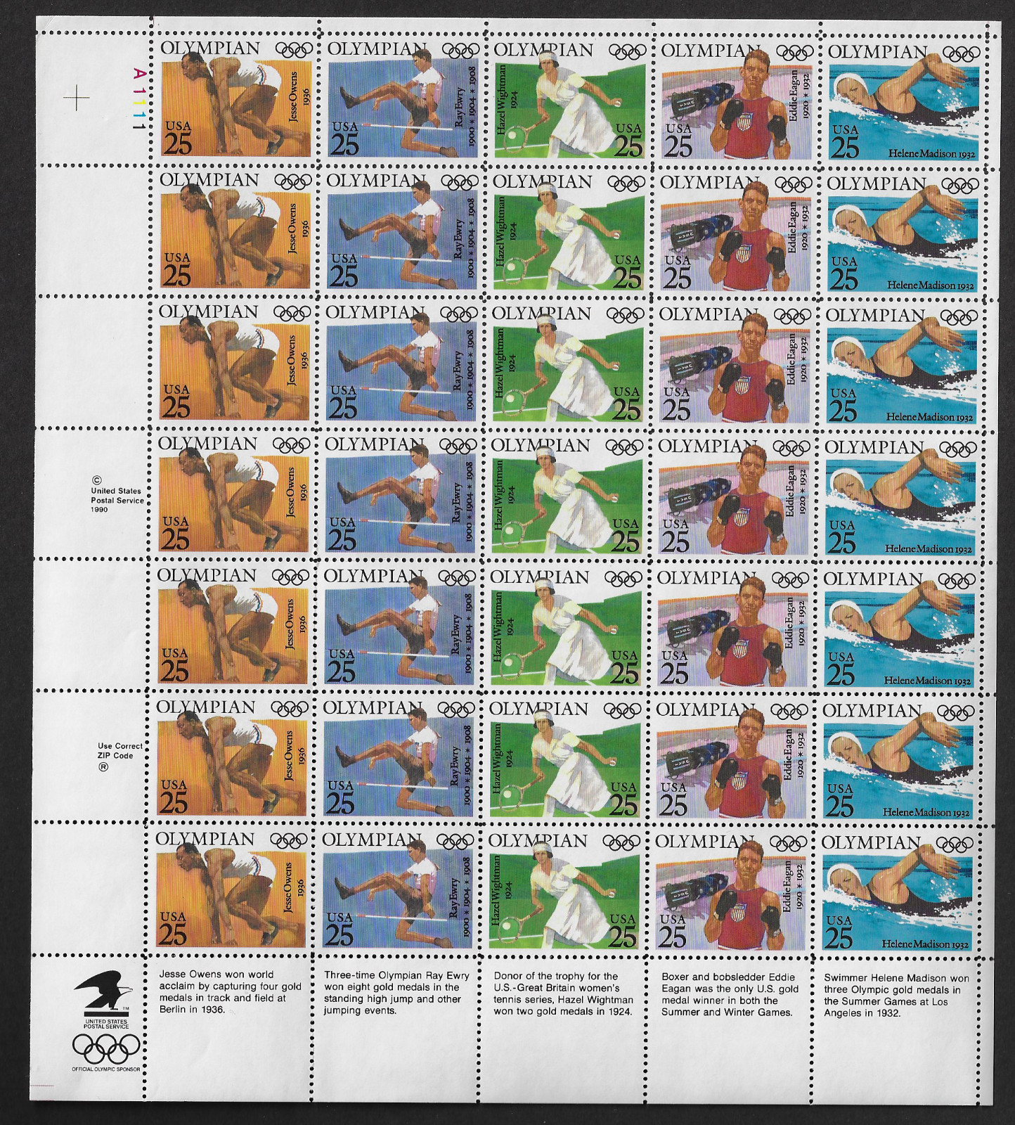 USA Stamps — Full Pane of 35 — 1990, Olympians #2496-2500 / MNH