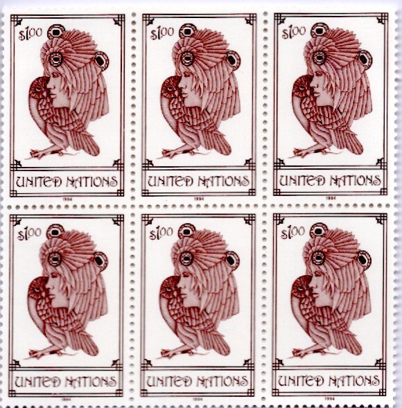 Unused Stamp Block United Nations Woman & Owl 1994 $1 NEW 6 Total Unposted