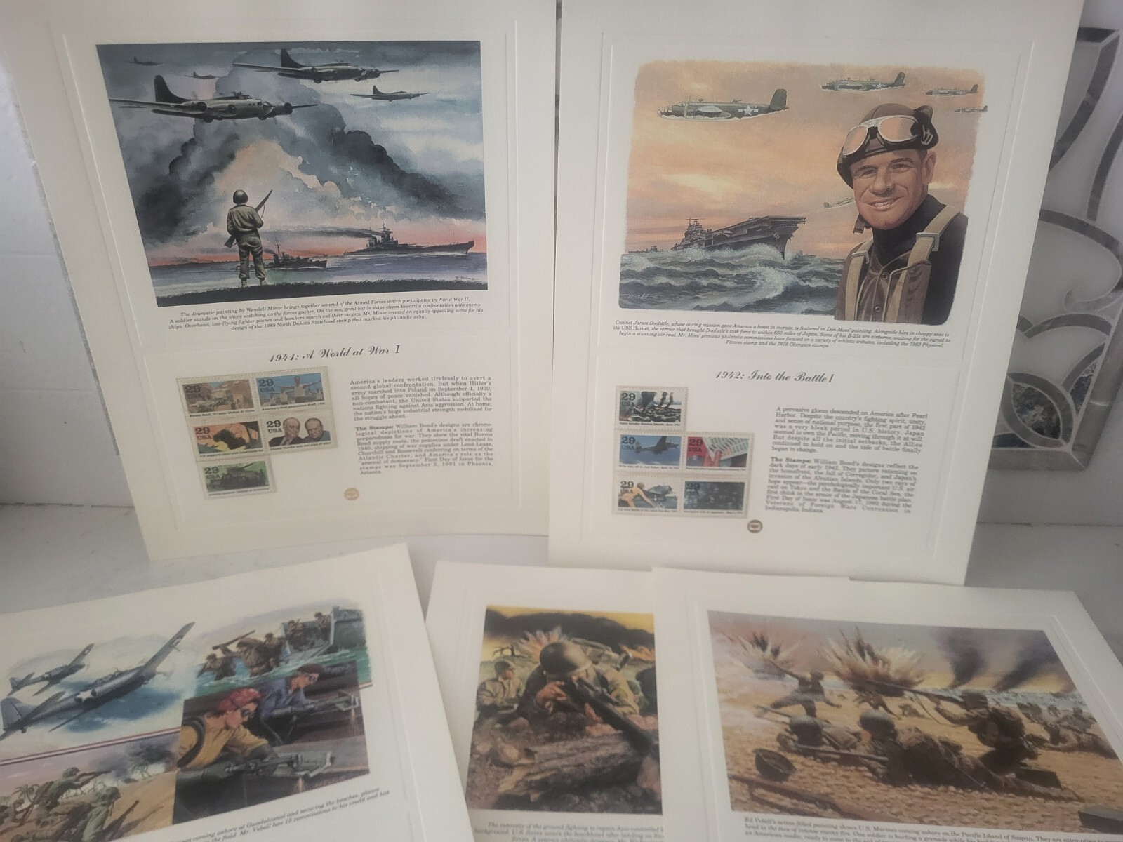 Donald Moss WWII Postage Stamp Art USPS SET OF 5 Farmable Gift (HTF Collectible)
