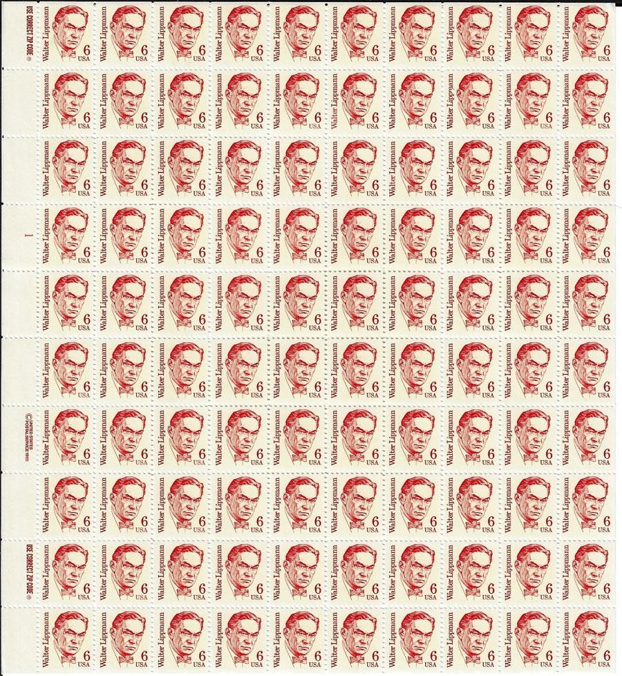 US SCOTT 1849 WALTER LIPPMANN PANE OF 100 STAMPS 6 CENTS FACE MNH