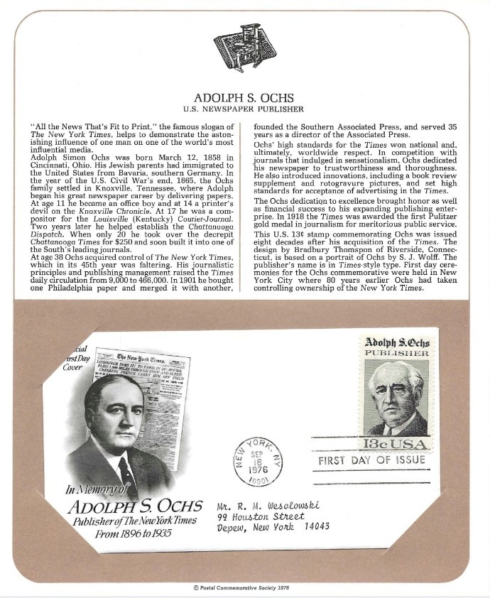 First Day Stamp Issue Adolph Ochs 1976 Scott 1700 Postal Commemorative Society