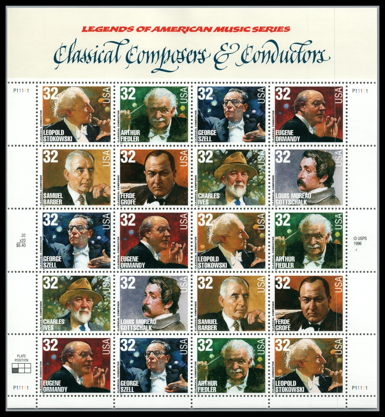 US Stamps Scott 3158-3165 Classical Composers & Conductors Sheet of 20 MNH