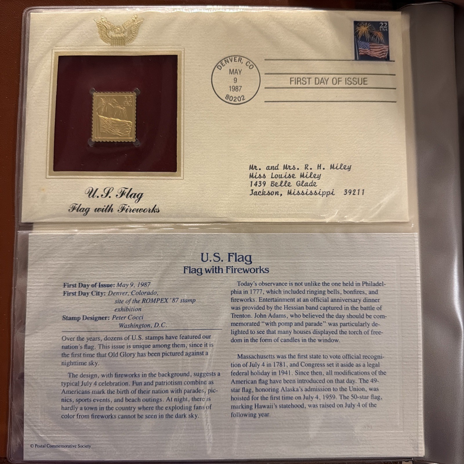 U S Flag with Fireworks 1987 FIRST DAY ISSUE 22 CENT STAMP GOLD