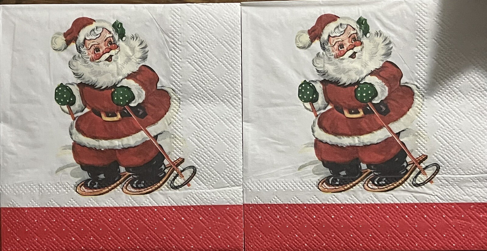 3 Individual Paper Decoupage Beverage Napkins Ski VTG Santa Claus Christmas 5×5