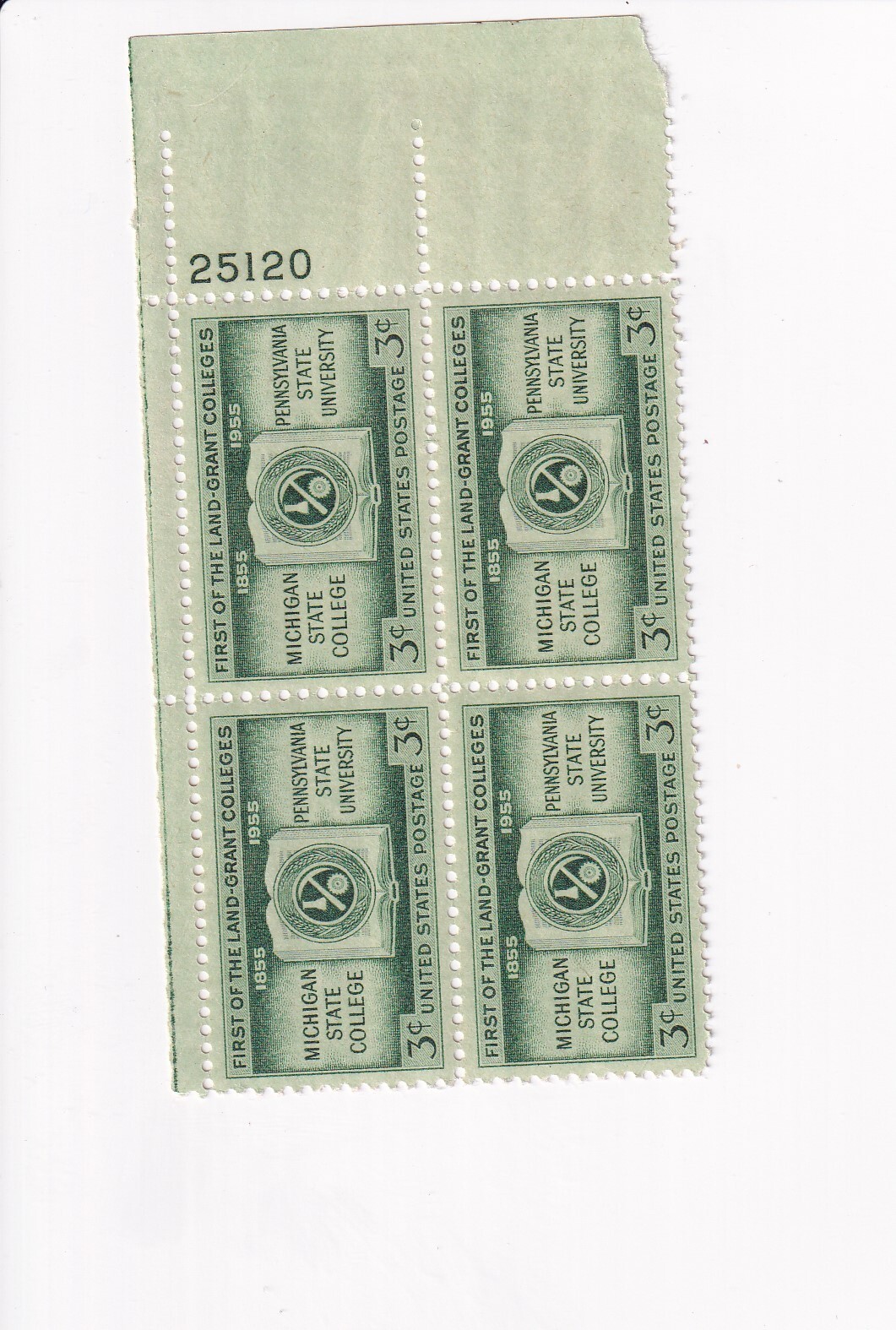 US Postage Stamp 3 CENT 3c PLATE BLOCK FIRST OF THE LAND-GRANT COLLEGES