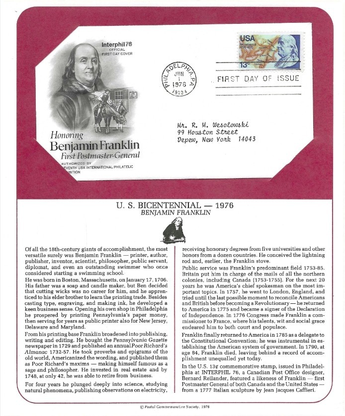 First Day Stamp Issue Ben Franklin Scott 1690 Postal Commemorative Society