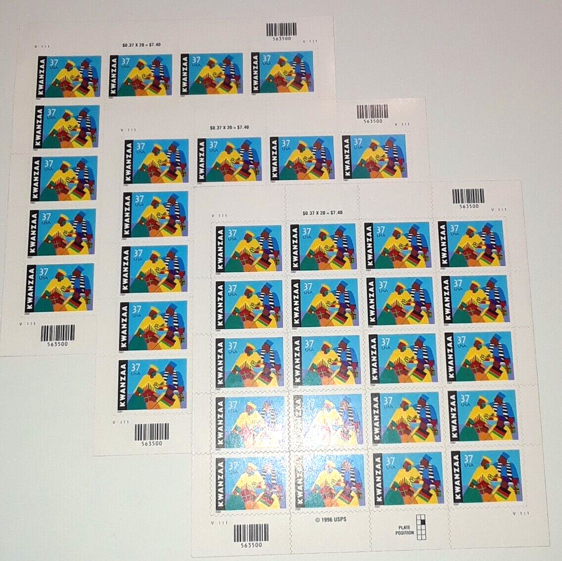 Three Panes x 20 = 60 of KWANZAA 37¢ African-American Holiday US Stamps USA 3673