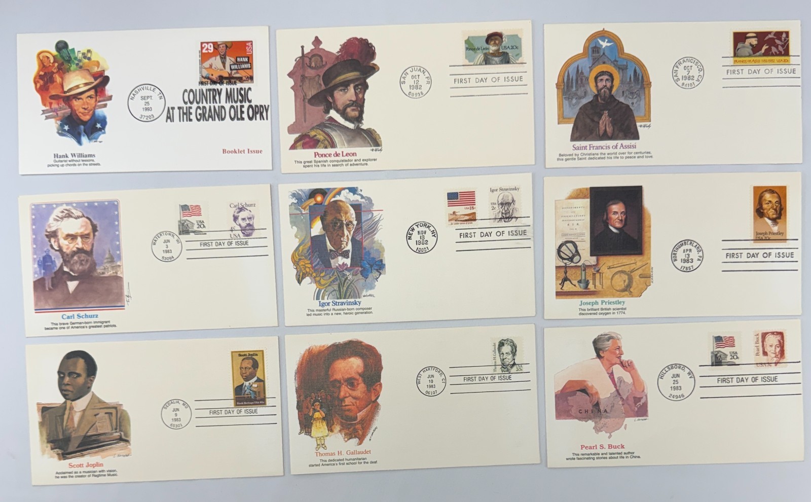 9 Fleetwood First Day Covers 1982 to 1993 Famous Americans, Music, Literature