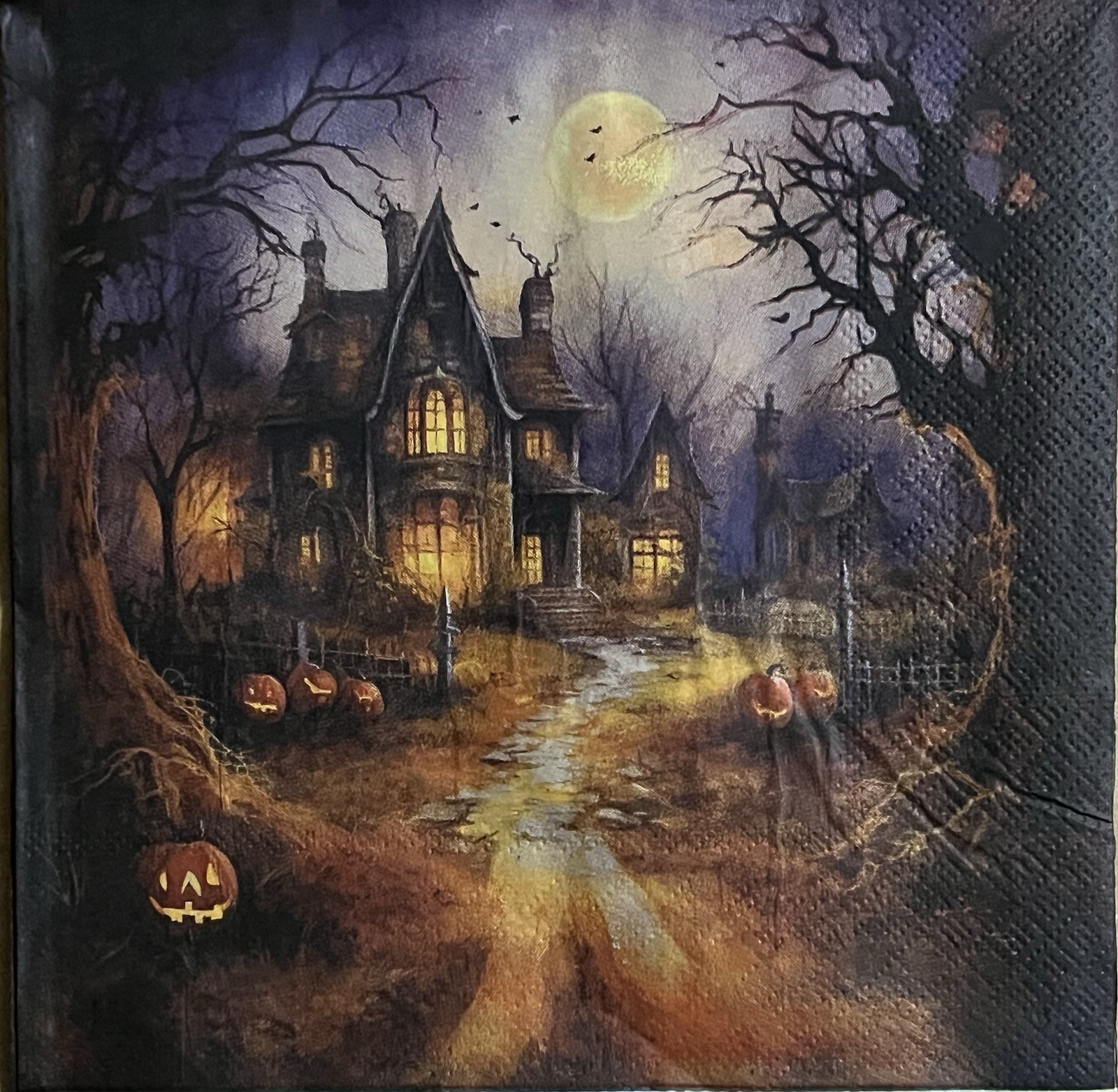TWO Individual Lunch Napkins Decoupage Halloween Haunted Houses/pumpkins/ghost/