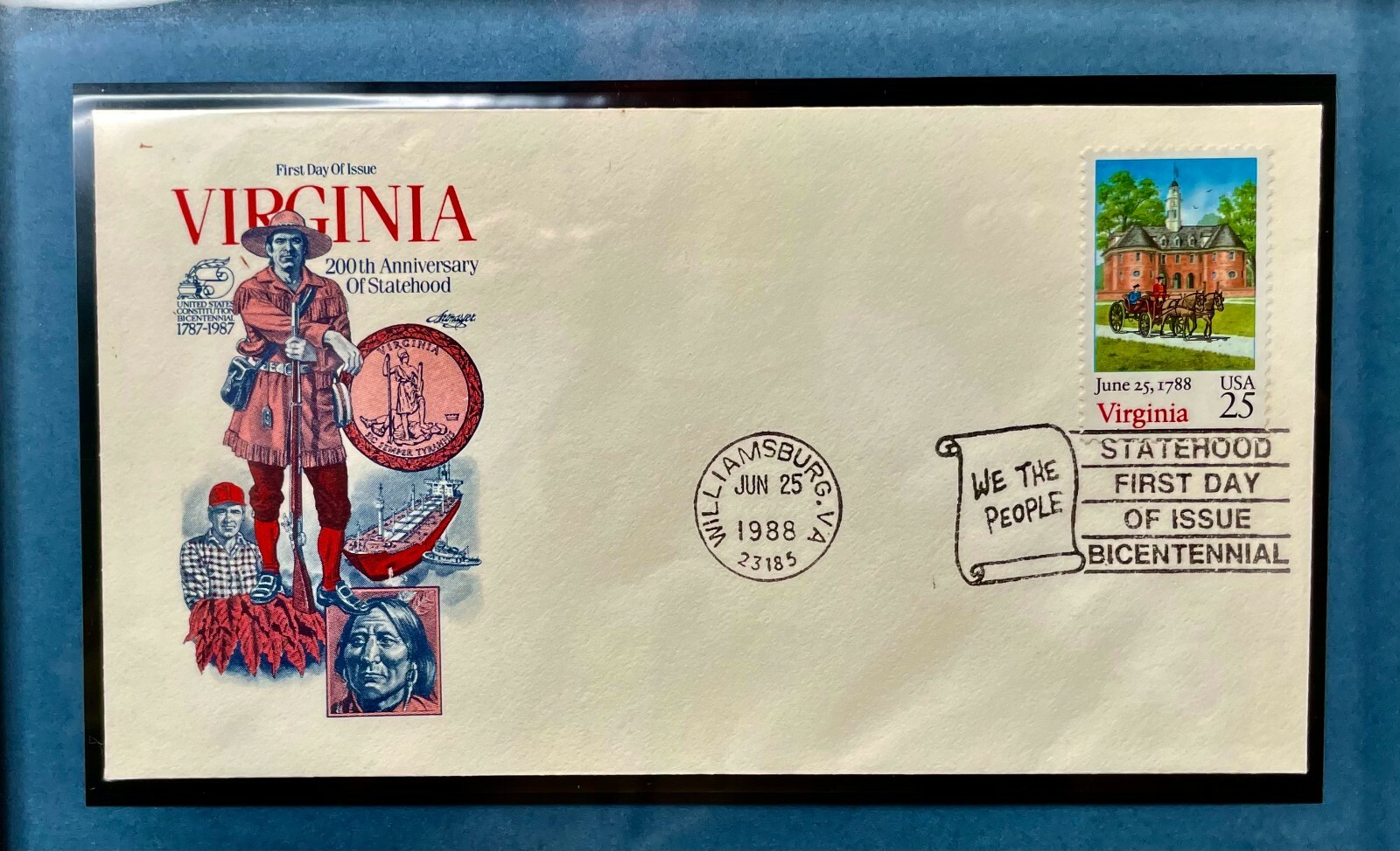 FRAMED 1988 Virginia Statehood Bicentennial First Day Cover & Commemor Stamps