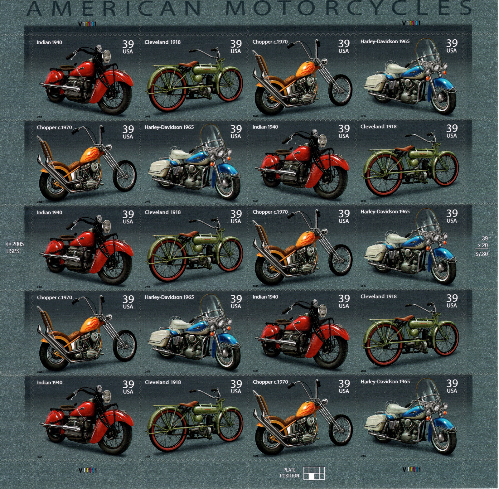 USA 2006 AMERICAN MOTORCYCLES 20 STAMP SHEET 39 CENT SCOTT 4085-4088 MNH
