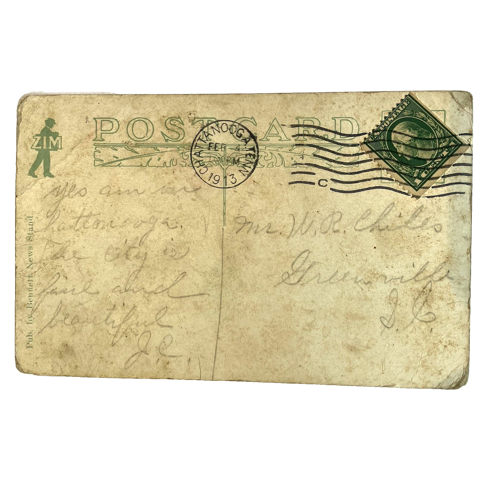 George Washington 1 Cent Stamp 1912 1913 Posted Chattanooga TN National Bank PC