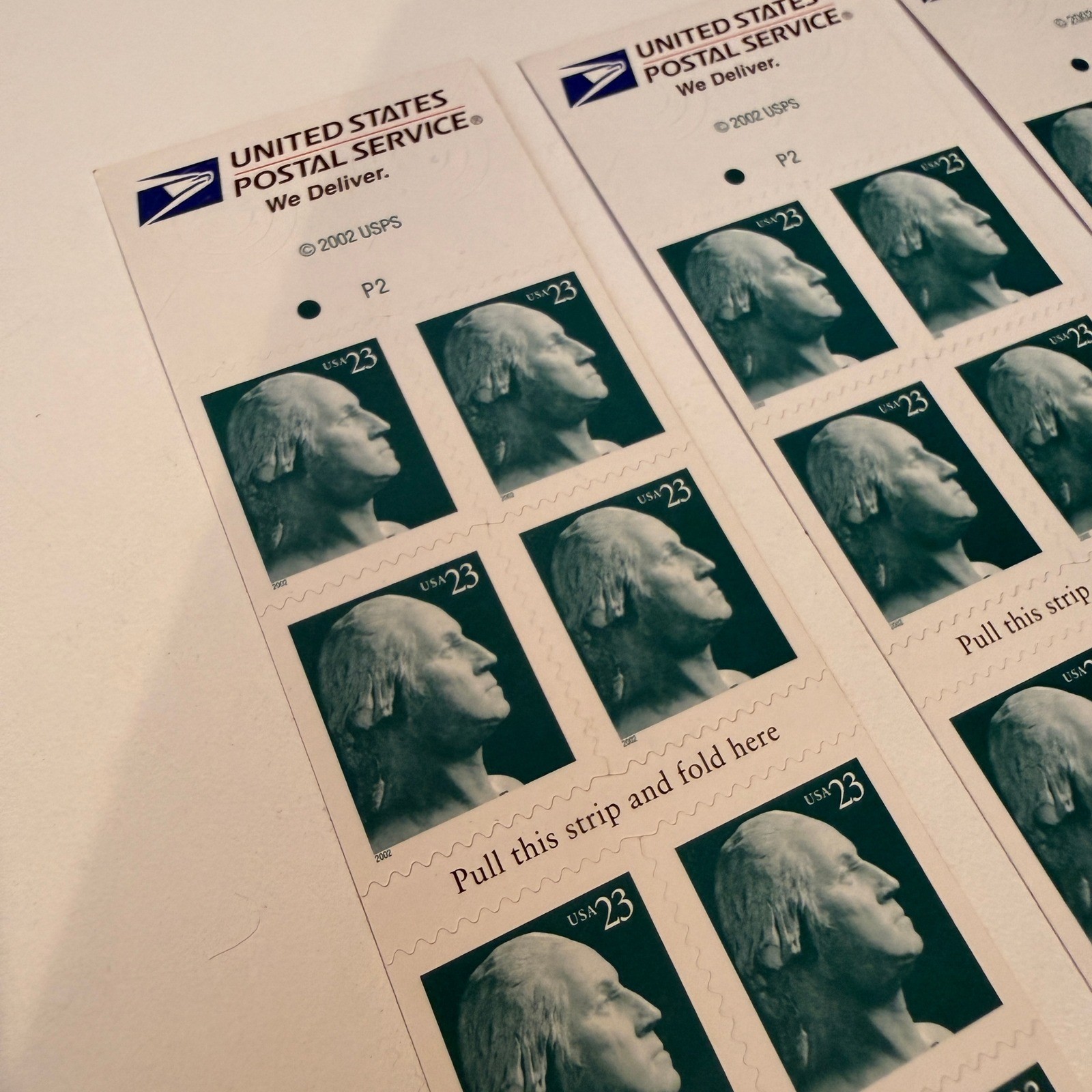 25 Vintage 2002 USPS George Washington 23 Cent Stamps Dark Green Teal Strips