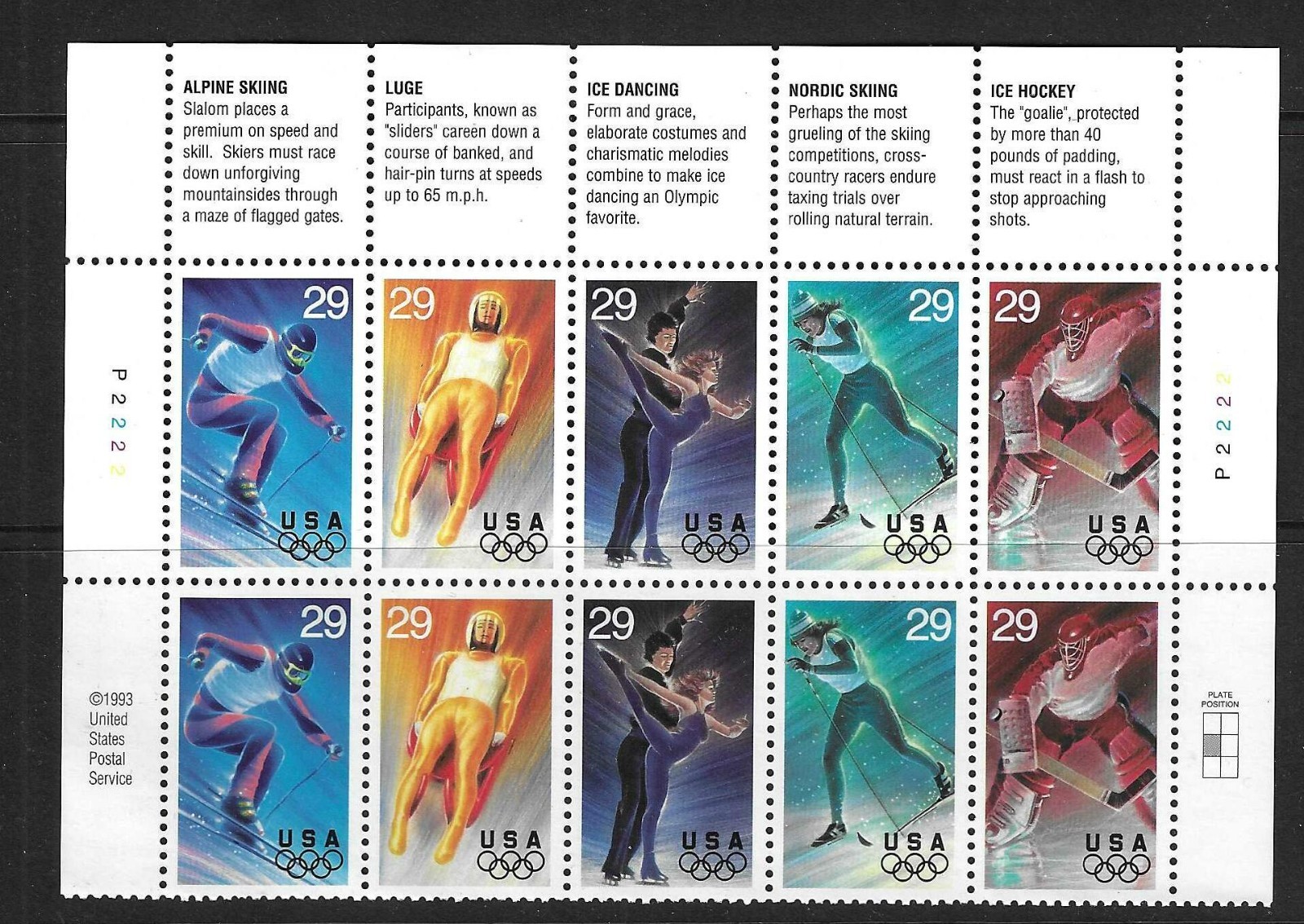 USA SC # 2811a Winter Olympic Games 1994 – Plate Number, Block 10 .MNH