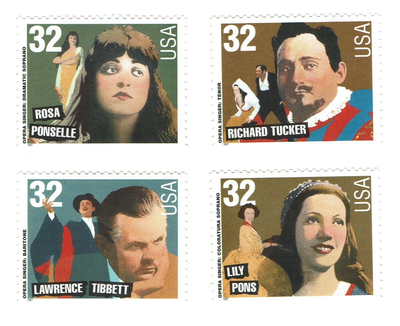 SCOTT 3154 – 3157 – OPERA SINGERS SET OF 4 SINGLES – MNH