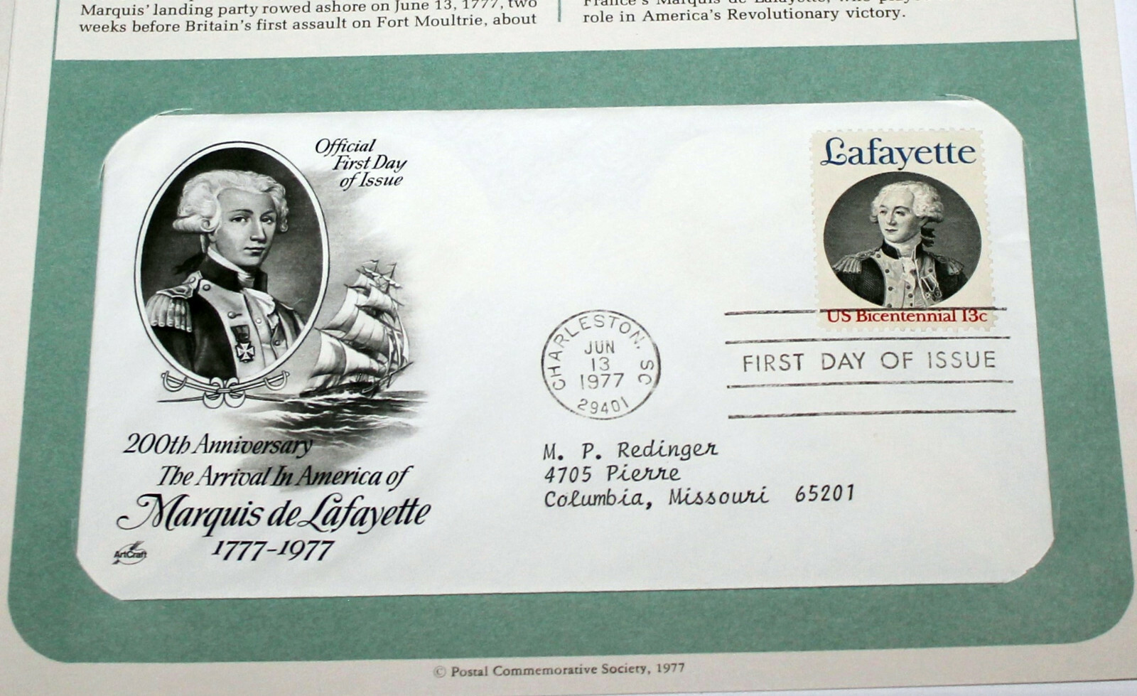 First Day of Issue Souvenir Page Lafayettes Arrival from France 1977 Stamp