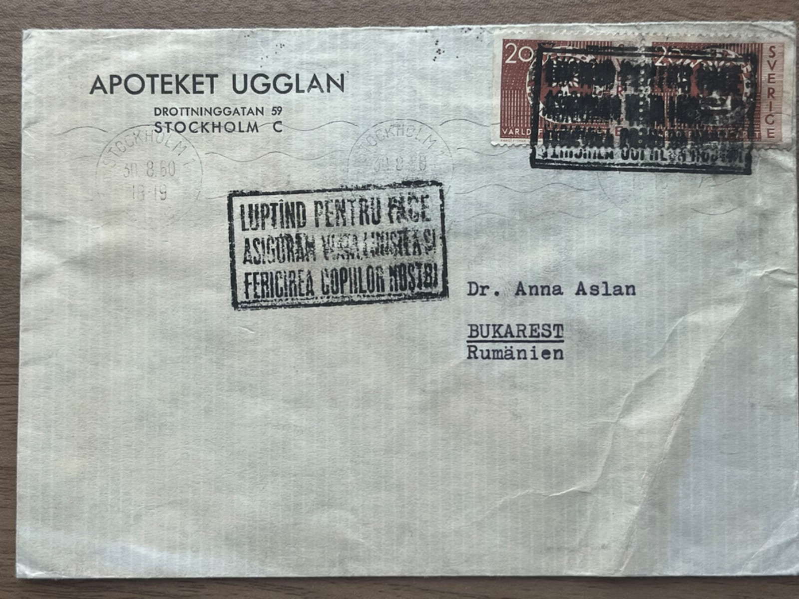 Postal Cover Romania Dr. Anna Aslan Correspondence Stockholm Apoteket